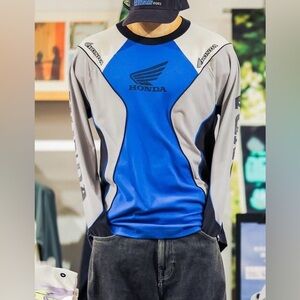 Hollister Honda Blue and Gray Men's Motorsport Heavyweight Boxy Cotton Shirt L